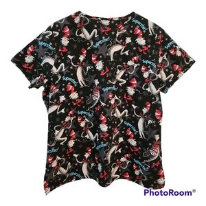 Cat in the Hat Superstar Dr Seuss Nurse Scrub Top V Neck 2 Front Pockets